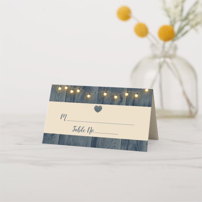 Tarjeta De Asiento Rustic Blue Barn Wood String Luces Boda Place (Anverso)