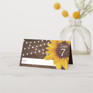 Tarjeta De Asiento Rustic Sunflower String Lights Boda Place Card