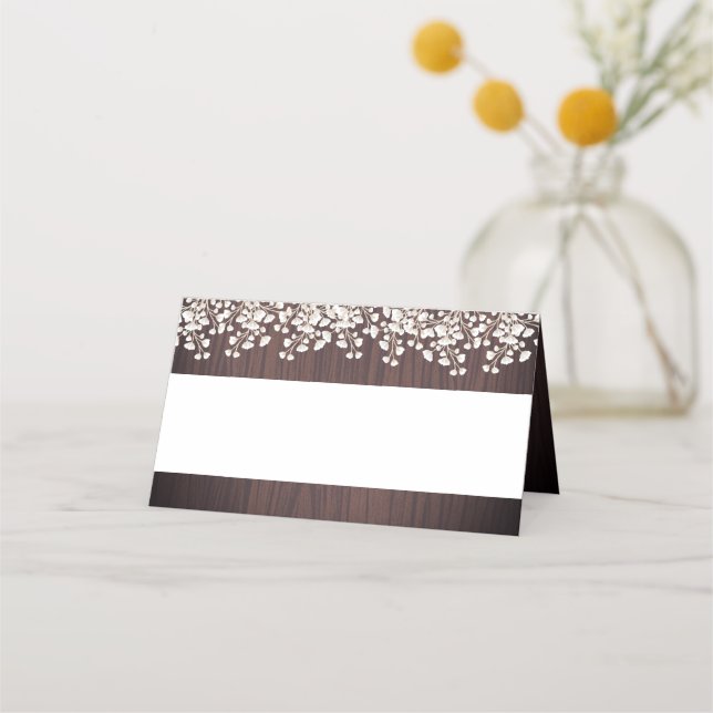 Tarjeta De Asiento Rustic Wood Babys Breath Floral Boda (Anverso)