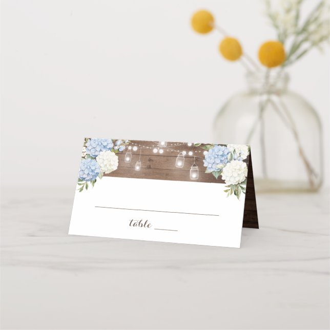 Tarjeta De Asiento Rustic Wood Blue Hydrangea String Luces Mason Jar (Anverso)
