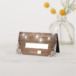 Tarjeta De Asiento Rustic Wood Mason Jar String Lights Lace Boda