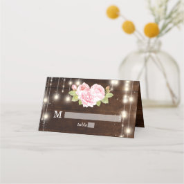 Tarjeta De Asiento Rustic Wood String ilumina la boda personalizada