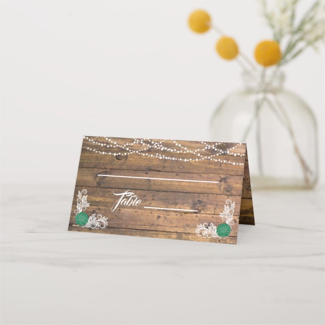 Tarjeta De Asiento Rustic Wood Twinkle Lights Lace Boda Place Card (Anverso)