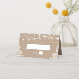 Tarjeta De Asiento Rústica Burlap String Luces Boda de encaje