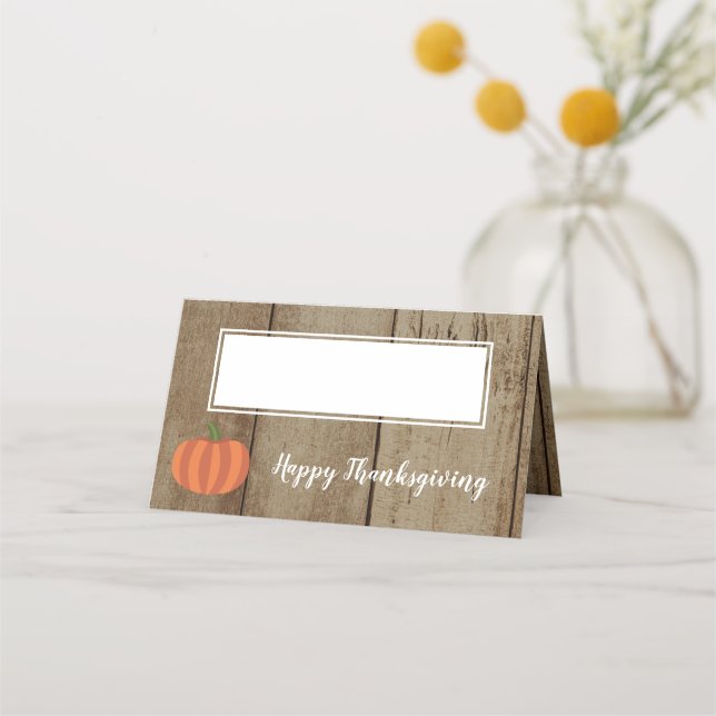Tarjeta De Asiento Rústica Calabaza Faux Wood Caer Feliz Día de Acció (Anverso)