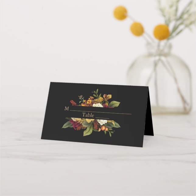 Tarjeta De Asiento Rústica elegancia Floral Bouquet Boda Negro (Anverso)