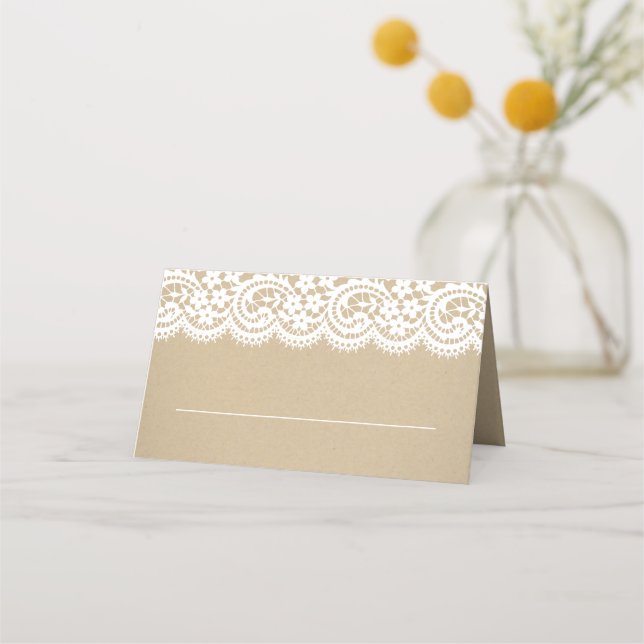Tarjeta De Asiento Rústico Boda de Kraft y Lace (Anverso)