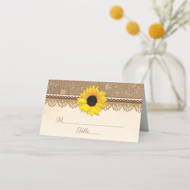 Tarjeta De Asiento Rústico Burlap Lace Wood Sunflower Boda (Anverso)