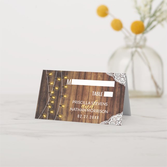 Tarjeta De Asiento Rústico Country String ilumina el Boda de Wood Lac (Anverso)