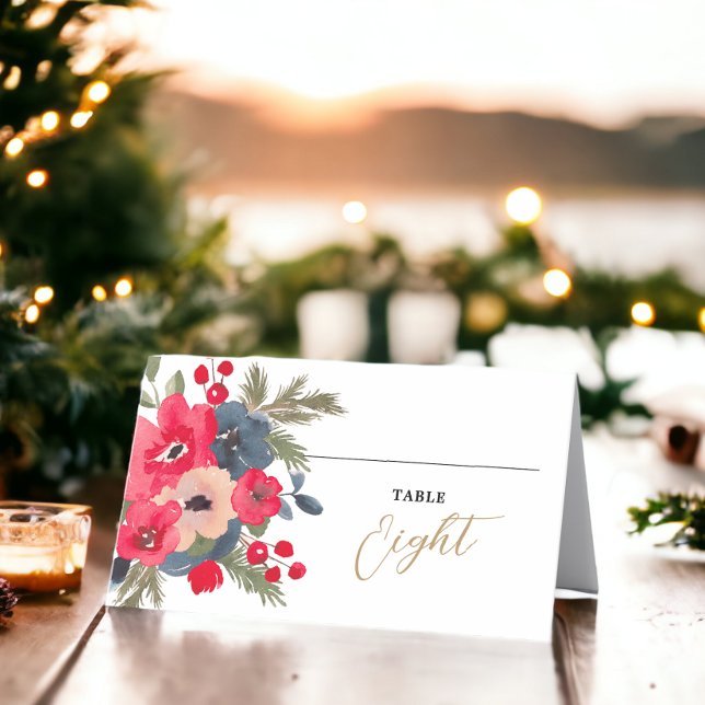 Tarjeta De Asiento Rústico elegante invierno Floral rojo verde (Rustic Elegant Winter Floral red green Place Card)