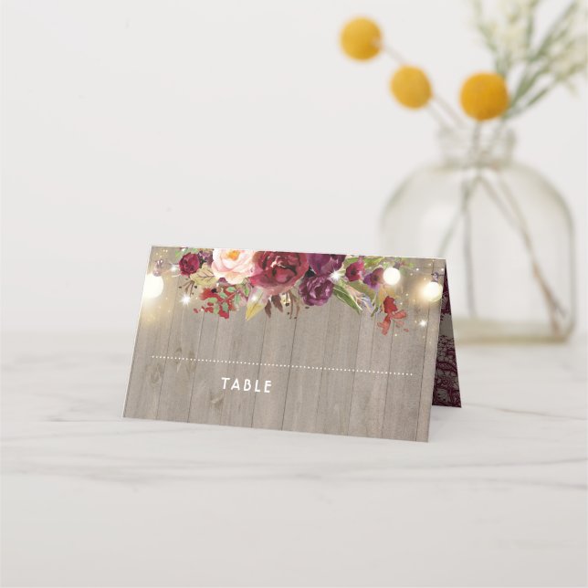 Tarjeta De Asiento Rústico encaje y flores de Borgoña (Anverso)