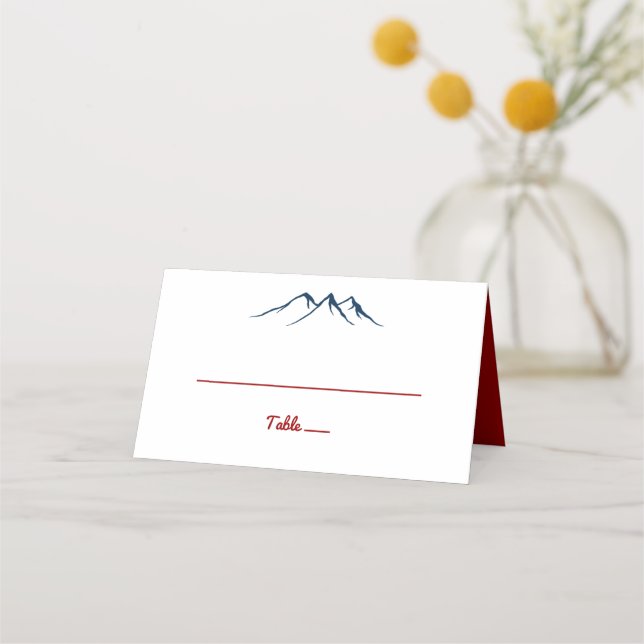 Tarjeta De Asiento Rústico País Montañas Boda Azul Cervical (Anverso)