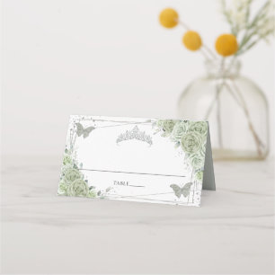 Tarjeta De Asiento Sage Green Floral Butterflies Quinceañera Cumpleañ