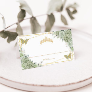 Tarjeta De Asiento Sage Green Floral Butterflies Quinceañera Cumpleañ