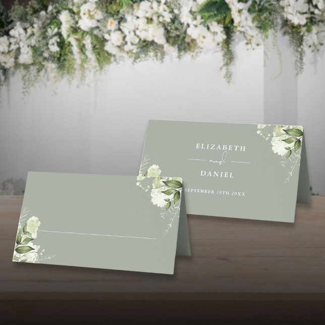 Tarjeta De Asiento Sage Green Floral Greenery Boda plegado (Sage Green Floral Greenery Wedding Folded Place Card)