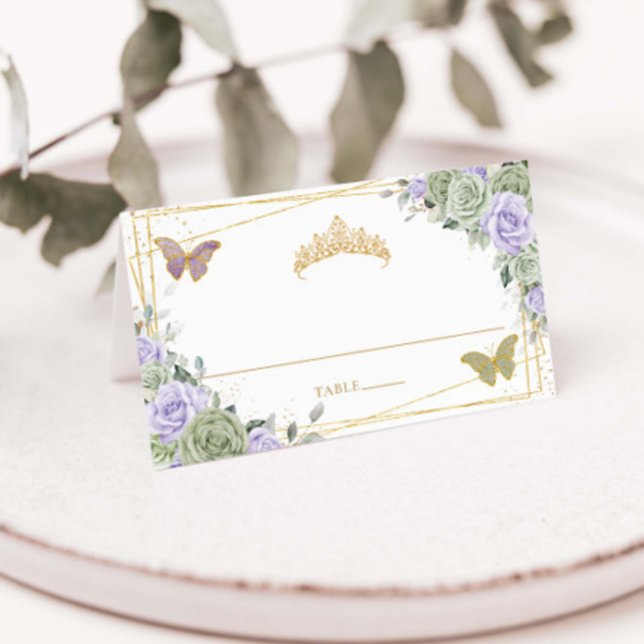 Tarjeta De Asiento Sage Green Purple Rosa Floral Quinceañera Cumpleañ (purple lilac sage green floral butterflies gold quinceanera sweet 16 birthday tent table place cards)