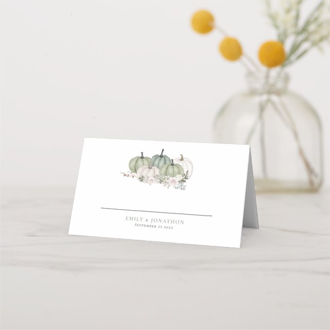 Tarjeta De Asiento Sage Pumpkins Autumals Florals Nombres Boda de fec (Anverso)