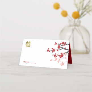 Tarjeta De Asiento Sakura Roja Doble Felicidad Dorada Boda China