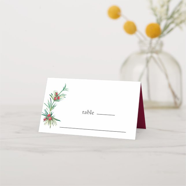 Tarjeta De Asiento Sencillo Boda floral de invierno de Berries rojas (Anverso)