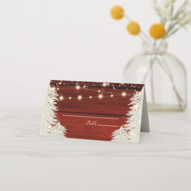 Tarjeta De Asiento Shimmer Rustic Wood String ilumina árboles Boda (Anverso)