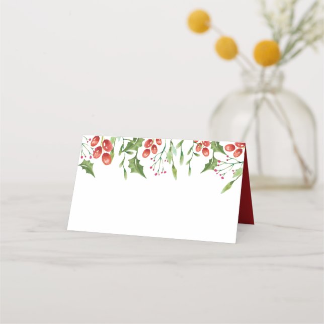 Tarjeta De Asiento Simple acuarela Holly Berry Foliage | Día festivo (Anverso)