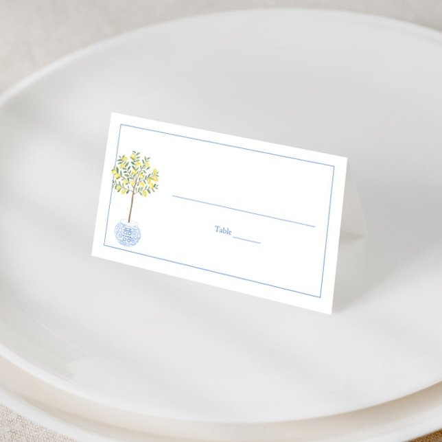 Tarjeta De Asiento Simple Lemon Tree Blue White Stripes Baby Shower (Chinoiserie wedding place cards or buffet cards featuring a lemon tree in blue ginger jar planter)