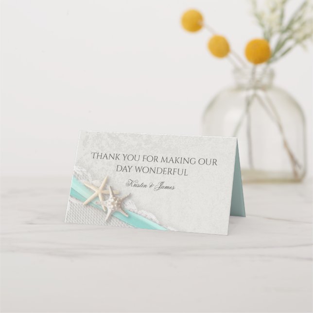 Tarjeta De Asiento Starfish and Ribbon de la playa Aqua y Gray (Anverso)
