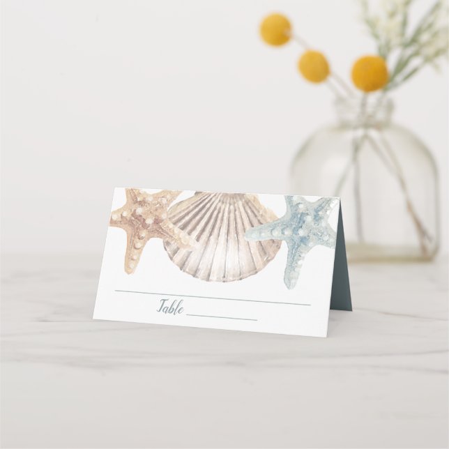 Tarjeta De Asiento Starfish Seashells Tropical Beach Wedding (Anverso)