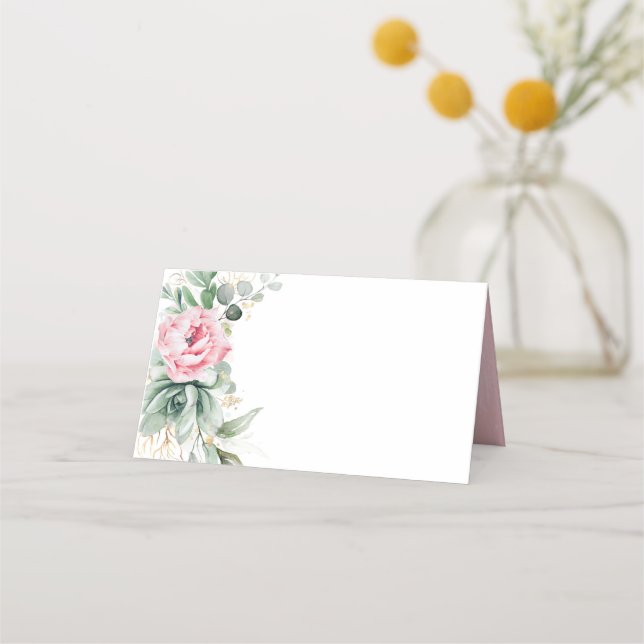 Tarjeta De Asiento Suculenta vegetación Y Flores Rosa Elegante (Anverso)