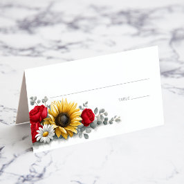 Tarjeta De Asiento Sunflower and Red Rose Floral Wedding Place Card