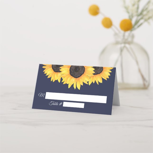 Tarjeta De Asiento Sunflowers Boda Place Cards Country Blue (Anverso)