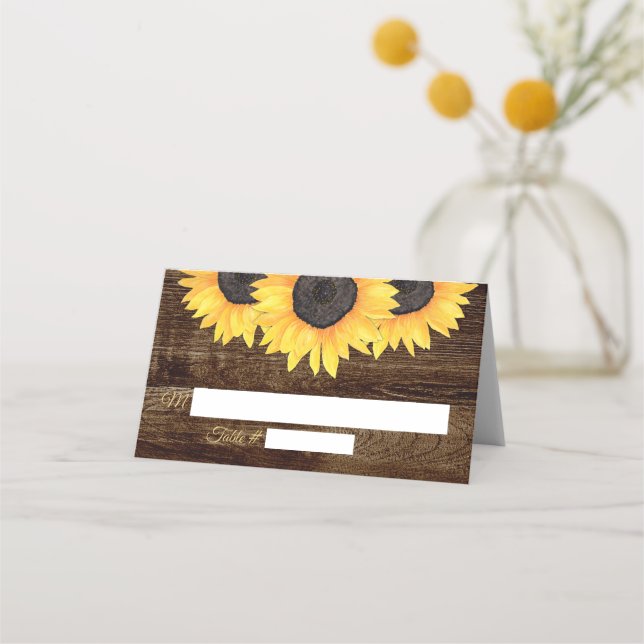 Tarjeta De Asiento Sunflowers Boda Place Cards Rustic Wood (Anverso)