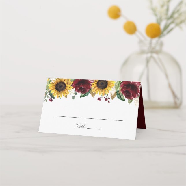 Tarjeta De Asiento Sunflowers Burgundy Red Flowers Boda Place Card (Anverso)