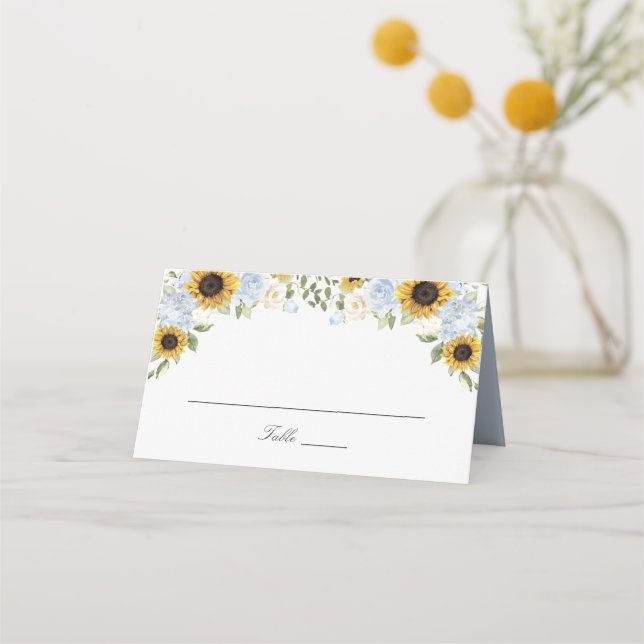 Tarjeta De Asiento Sunflowers Dusty Blue Flowers Boda Place Card (Anverso)