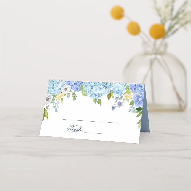 Tarjeta De Asiento Tabla Boda de vegetación floral de Hydrangea azul (Anverso)