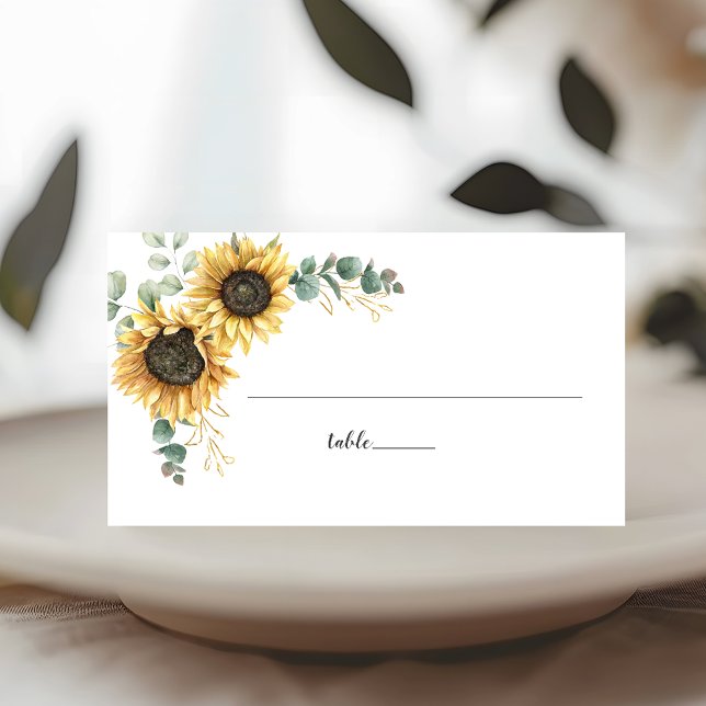Tarjeta De Asiento Tabla de Bodas con guión de girasol Eucalyptus Gre (Sunflower Eucalyptus Greenery Wedding Table Placecard)