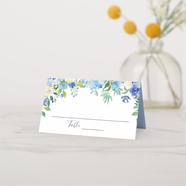 Tarjeta De Asiento Tabla de Bodas florales de hidrangea azul claro (Anverso)