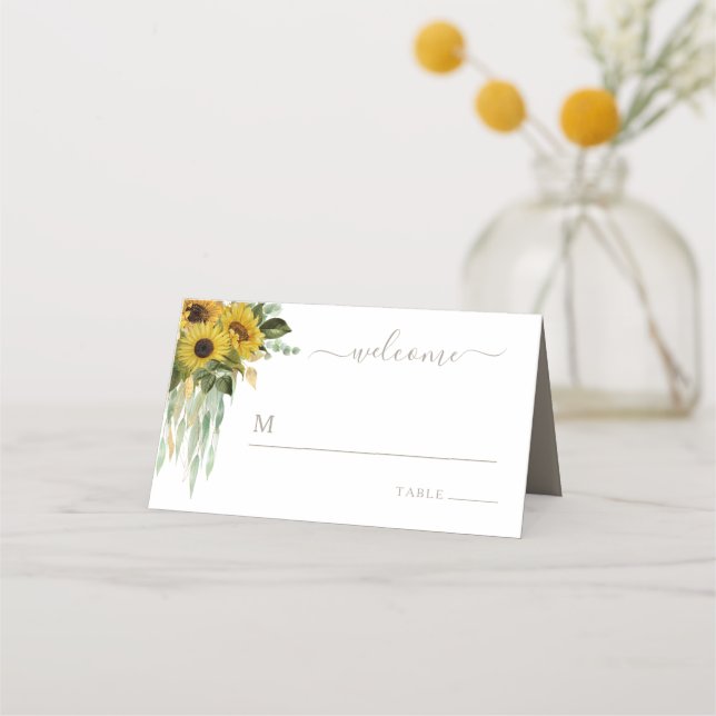 Tarjeta De Asiento Taupe Floral Sunflower Boda Place Card (Anverso)