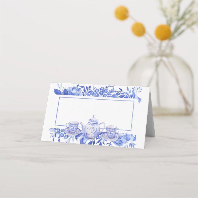 Tarjeta De Asiento Té de flores azules y blancas y tazas de té (Reverso)