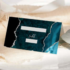 Tarjeta De Asiento Teal Blue Silver Agate Script Wedding Table