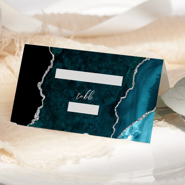 Tarjeta De Asiento Teal Blue Silver Agate Script Wedding Table (Subido por el creador)
