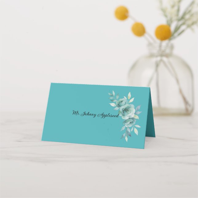 Tarjeta De Asiento Teal Whisper Blooms Wedding (Anverso)