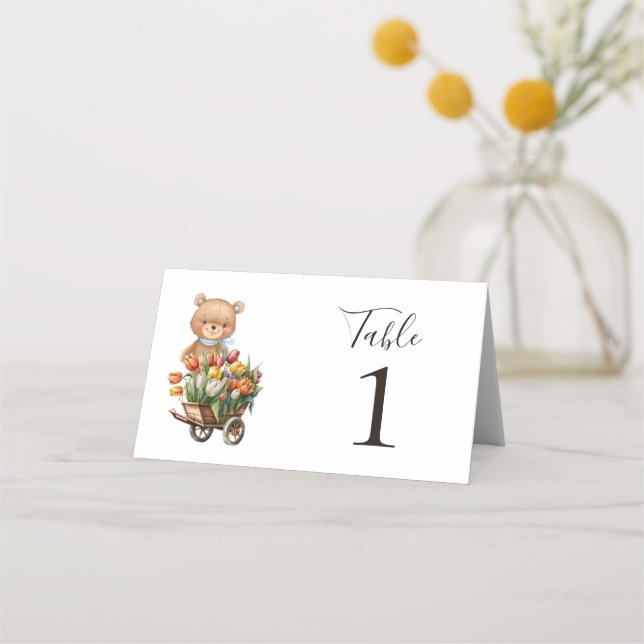 Tarjeta De Asiento Teddy Bear Azul Floral Rústica (Reverso)