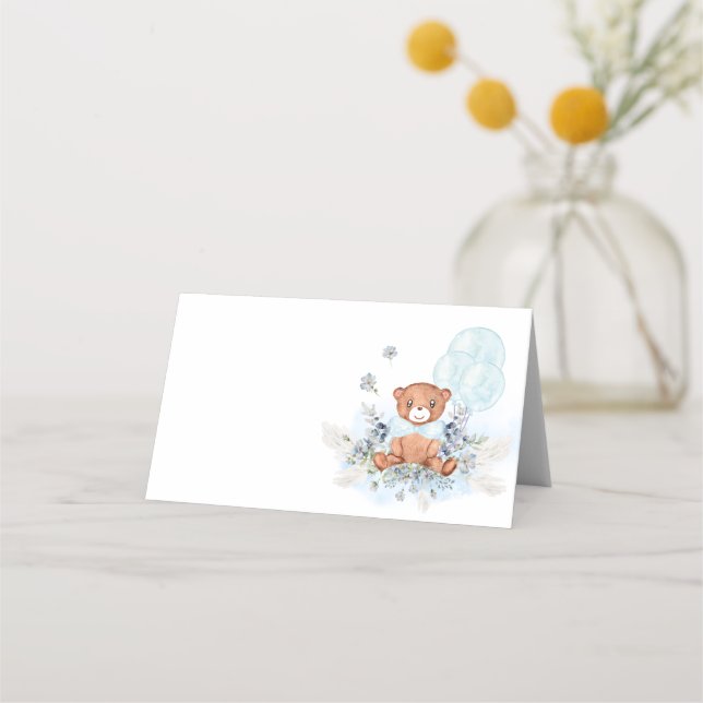 Tarjeta De Asiento Teddy Bear Blue Balloons Bearly Wait Baby Shower (Anverso)