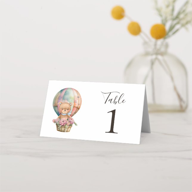 Tarjeta De Asiento Teddy Bear Blue Hot Air Balloon Fiesta Place Card (Reverso)