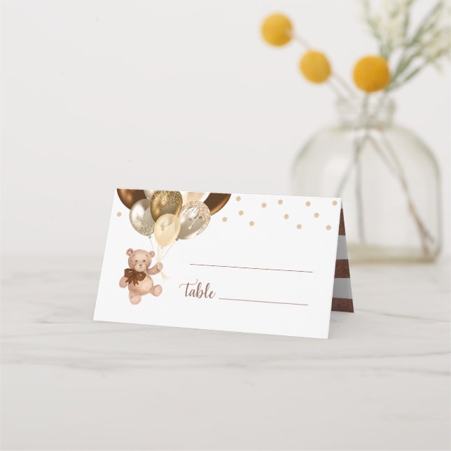 Tarjeta De Asiento Teddy Bear Brown y Gold Balloons Baby Shower (Anverso)