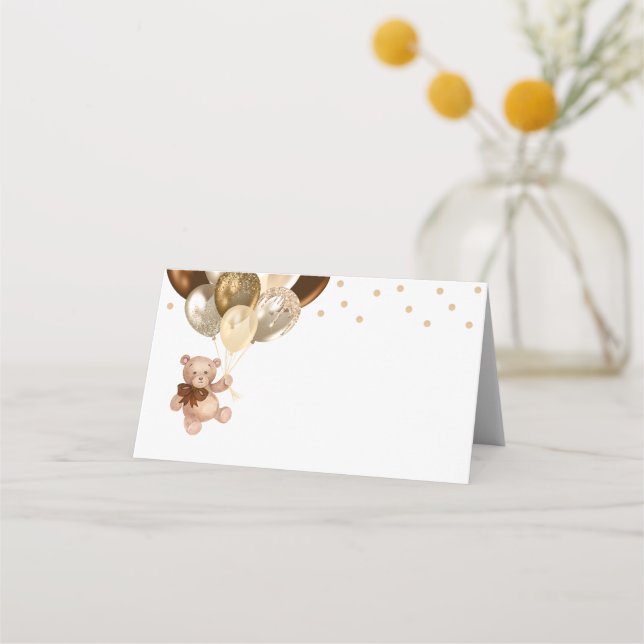 Tarjeta De Asiento Teddy Bear Brown y Gold Balloons Baby Shower (Anverso)