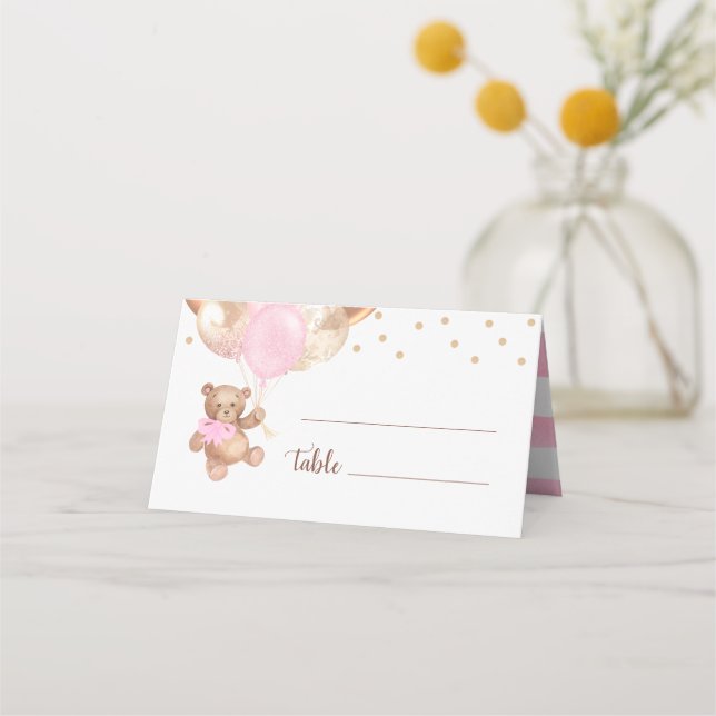 Tarjeta De Asiento Teddy Bear Rosa Globos de Oro Baby Shower (Anverso)
