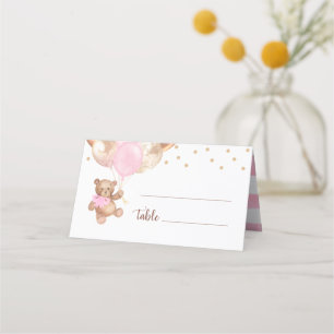 Tarjeta De Asiento Teddy Bear Rosa Globos de Oro Baby Shower
