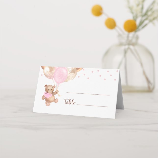 Tarjeta De Asiento Teddy Bear Rosa Globos de Oro Baby Shower (Anverso)